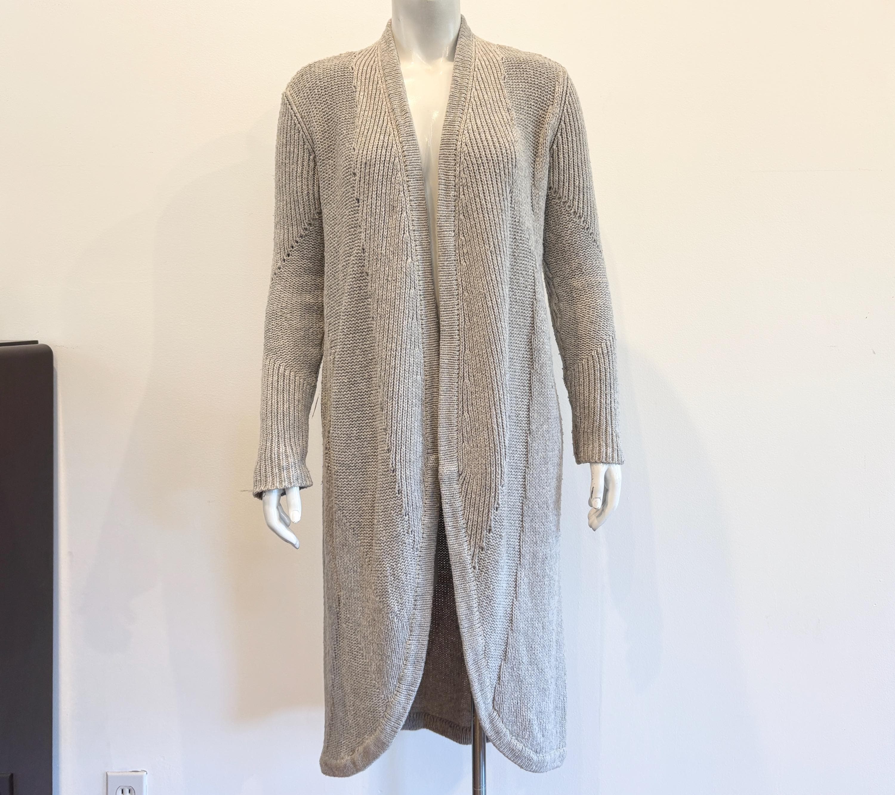 Helmut Lang, Vintage Helmut Lang Designer Long Gray Cardigan 1990s Minimalist Knit Open Front Sweater