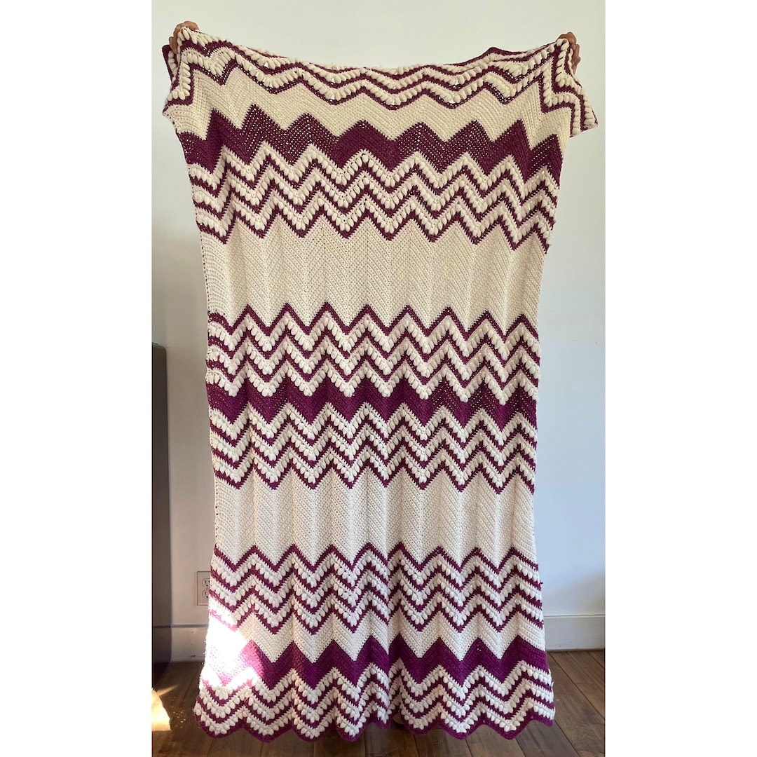 Handmade Vintage Large Crochet Blanket. Lavender and Cream Etsy