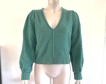 Vintage Y2K Free People Sweater S | Teal Bouclé Knit Deep V-Neck Puff Sleeve Jumper