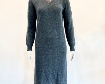 Vintage Virgin Wool Sweater Dress: Blue Gray Villager Brand, Ribbon Hem