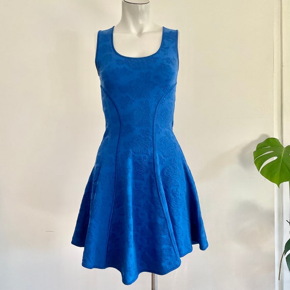 blue jacquard mini dress V Neck Blue Sequins Tulle High Low Prom Dresses, High Low Tulle Blue F –  morievent main image 0