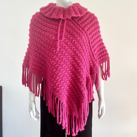 Hand Crochet Pink Knit Poncho Cape. Unique vintag… - image 1