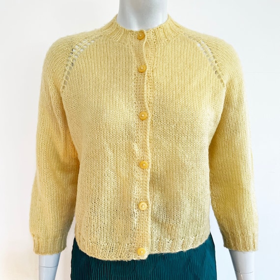 Handknit 1980s dainty yellow cardigan sweater. Vi… - image 1
