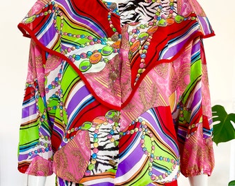 1980s Diane Freis bohemian blouse. Vintage colorful graphic print boho top.