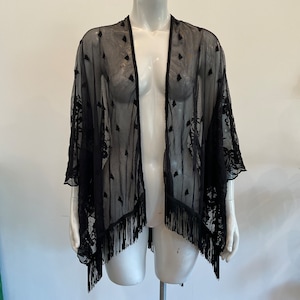 1990s black mesh lace embroidered kimono caftan, delicate sheer kimono coverup with fringe