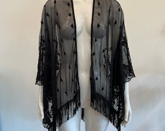 1990s black mesh lace embroidered kimono caftan, delicate sheer kimono coverup with fringe