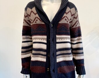 Vintage shawl collar vintage Telluride cardigan. Fair Isle pattern warm fall retro sweater.