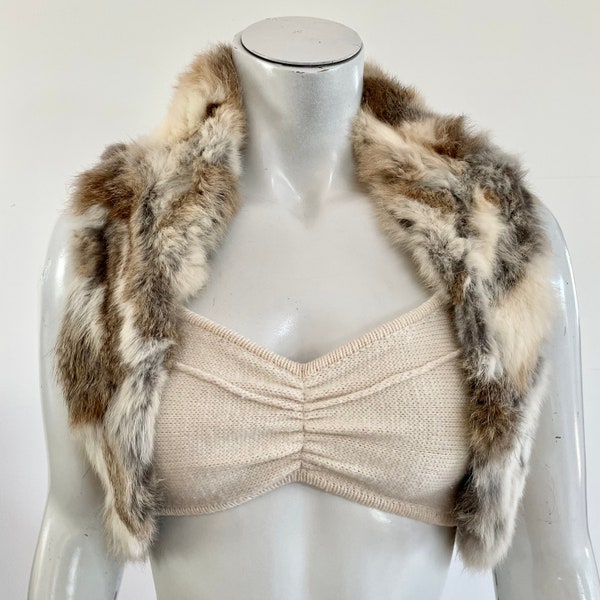 1990s rabbit fur bolero vest. Vintage cropped knit vest with rabbit fur. Holiday festive outfit.