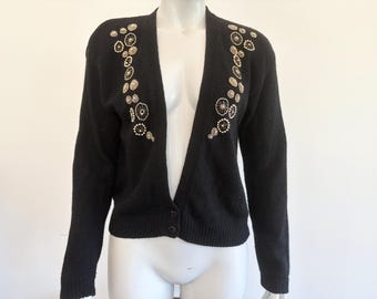 Vintage 1980s Cezanne Black Beaded Cardigan — Silk Angora Lambswool Blend Sweater Size Medium