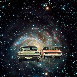 Road in Space,  DIGITAL DOWNLOAD, Surreal collage art print - Printable - Downloadable,  sci fi cars in the galaxy, Wall art print for kids