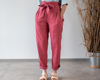 ROTE Leinenhose BELLA / Schräge Leinenhose / Elegante Hose / Papiertüten Taille / Naturleinenhose / Hoch taillierte Leinenhose