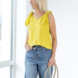 Linen Top NICA / Basic Linen yellow Blouse / Linen crop top / Linen shirt / Linen t-shirt bow tie / linen clothing / natural linen top