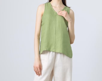 Naomi Damen Leinen Top | Ärmellose Grüne Leinenbluse | Entspannte Passform Sommer Tank | Minimalistische Damen Leinenkleidung | Handgemachtes Leinenhemd