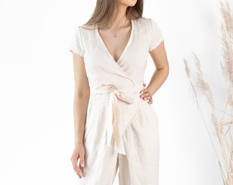 Linen Jumpsuit Mila / Loose Linen Overalls / Wrap Linen Romper With Belt / Maxi Jumpsuit / Women's Linen Jumpsuit