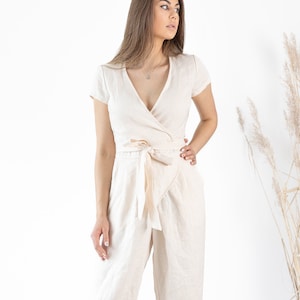 Linen Jumpsuit Mila / Loose Linen Overalls / Wrap Linen Romper With Belt / Maxi Jumpsuit / Women&#39;s Linen Jumpsuit