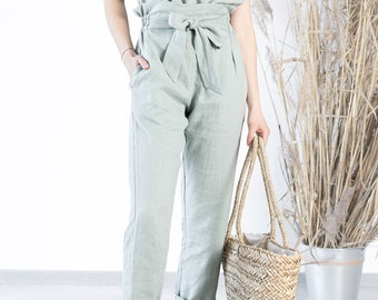 Ready to ship / Women's Linen Pants BELLA / Tapered Linen Pants / Elegant Linen Trousers / Paper Bag Waist