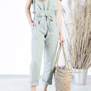 Ready to ship / Women&#39;s Linen Pants BELLA / Tapered Linen Pants / Elegant Linen Trousers / Paper Bag Waist