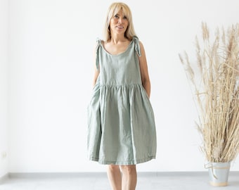 Linen Midi Dress BIANCA / Linen Dress Women / Midi Linen Dress / Light Green Dress / Midi Summer Dress