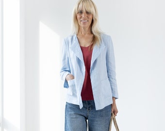 Blue LINEN JACKET CHLOE / Linen Cardigan / Linen Blazer With Pockets / Womens Linen Blue Top / Linen Blazer / Linen Clothing / Autumn jacket