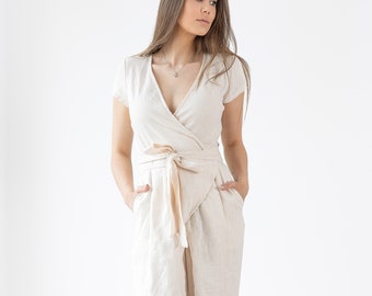 Ready to ship / Linen Jumpsuit Mila / Loose Linen Overalls / Wrap Linen Romper With Belt / Maxi Jumpsuit / Women's Linen Jumpsuit