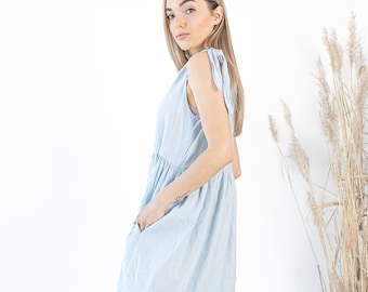 Ready to ship / Women's Linen Dress BIANCA / Sleeveless Linen Ruffle Dress / Midi Linen Dress