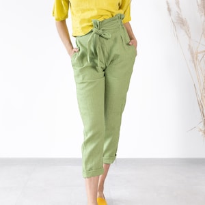Women&#39;s Linen Pants BELLA / Tapered Linen Pants / Linen Pants With Belt