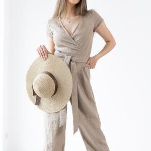 Linen Jumpsuit Mila / Loose Linen Overalls / Linen Romper With Belt / Women&#39;s Minimalist Linen Jumpsuit