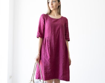 Women's Linen Dress SARAH / Midi ruffle dress / Loose Dress With Pockets