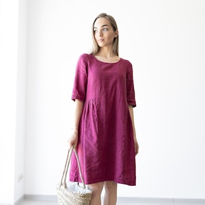 Ready to ship / Women&#39;s Linen Dress SARAH / Midi ruffle dress / Loose Dress With Pockets