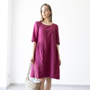 Women&#39;s Linen Dress SARAH / Midi ruffle dress / Loose Dress With Pockets