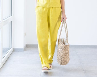 Yellow LINEN PANTS CECILIA / linen trousers / loose linen pants / linen bottoms / minimal linen pants / High waisted pink linen pants