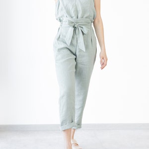 Women&#39;s Linen Pants BELLA / Tapered Linen Pants / Elegant Linen Trousers / Paper Bag Waist