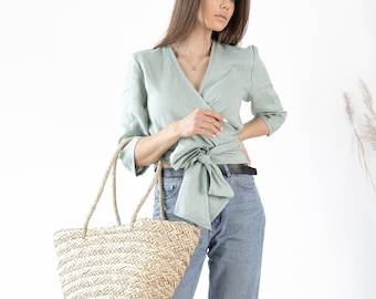 Women's Wrap Top Esmeralda / Linen Wrap Blouse / Women Wrapped Top