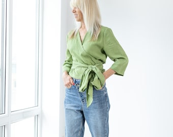 Green LINEN WRAP TOP Esmeralda / Linen Wrap Blouse  / Linen Green Shirt / Womens Wrapped Autumn Top / Fall linen blouse green