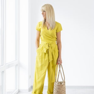 Women&#39;s Linen Jumpsuit Mila / Wrap Linen Jumpsuit / Loose Linen Overalls / Linen Romper With Belt