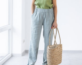 LINEN PANTS CECILIA / Women's Linen Trousers / Linen Pants With Elastic Waist