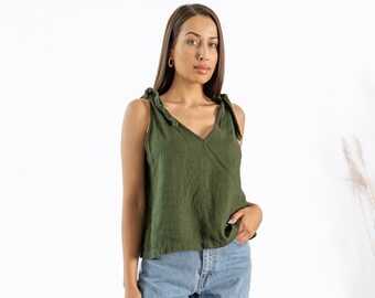 Linen Top NICA / Bow Tie Shoulder Linen Crop Top / Women Linen Tank Top / Linen T-Shirt