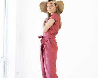 Wrap Linen jumpsuit Mila / RED Wrap linen jumpsuit / Loose linen overalls / Linen romper with belt / Natural linen / wrapped jumpsuit