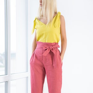 Yellow Linen Top NICA / Basic Linen Blouse / Linen crop top / Linen shirt / Linen t-shirt bow tie / linen clothing / natural linen top