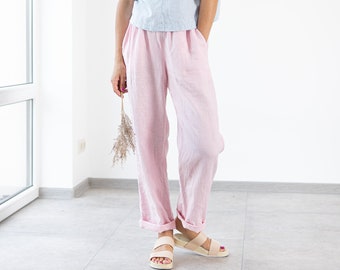 Women's LINEN PANTS CECILIA / linen trousers / loose linen pants / linen bottoms / minimal linen pants / High waisted pink linen pants