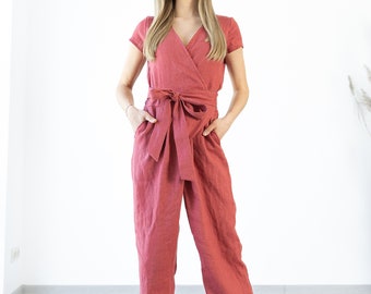 Ready to ship / Wrap Linen jumpsuit Mila / Loose linen overalls / Linen romper with belt / wrapped jumpsuit