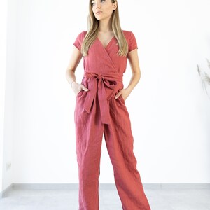 Ready to ship / Wrap Linen jumpsuit Mila / Loose linen overalls / Linen romper with belt / wrapped jumpsuit