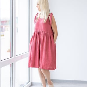 Linen Dress BIANCA / sleeveless linen dress / Simple Dress With Bow Tie Shoulders / Midi Linen Dress / Ruffle dress/ Minimalist clothing