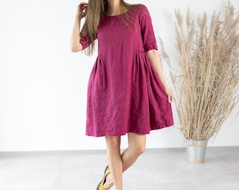 Linen Dress Sarah / Women's Linen Dresses / Midi Ruffle Linen Dress