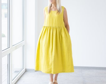 Yellow Women Linen dress / Marseille / Maternity Dress / Boho Linen Dress /  Below Knee Dress / Midi Dresses / Minimalist Dress