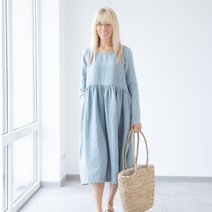 Blue Linen dress / Marseille / maternity dress / boho linen dress / loose fit dress / below knee dress / Ruffle linen dress with pockets