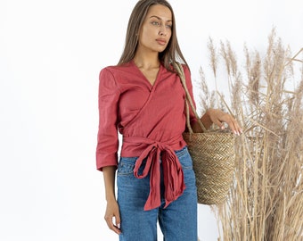 Ready to ship / Linen wrap top Esmeralda / Women's Linen Wrap Blouse / Natural linen