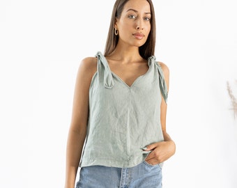 Linen Crop Top NICA / Bow Tie Shoulder Linen Top / Women's Linen Tank Top / Linen T Shirt