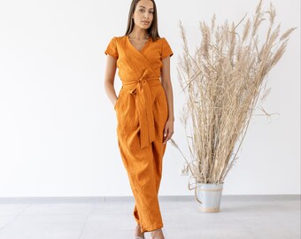 Mono de lino para mujer, Mono cruzado de lino, Mono de lino para mujer