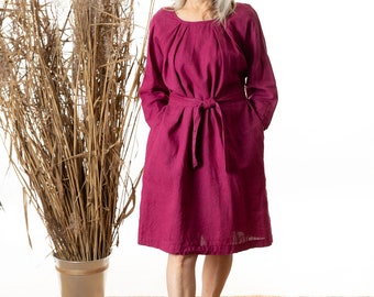 Linen belted dress Valencia long sleeve, relaxed fit knee-length/ washed and soft linen / OEKO-TEX certified linen available in many colours